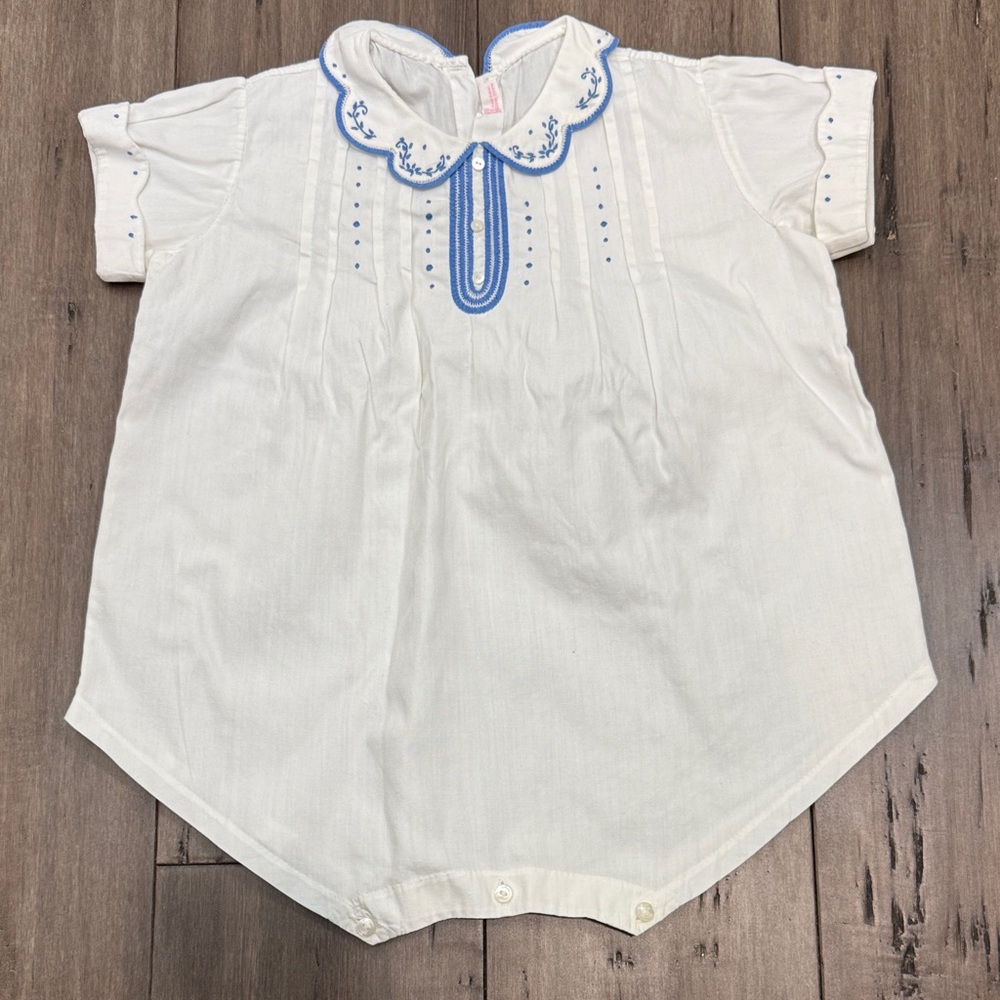 Vintage handmade White‎ Baby Romper with Blue Embroidery